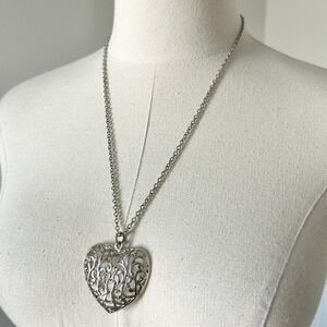 Silver Tone Large Filigree Heart Pendant Necklace Toggle Clasp
